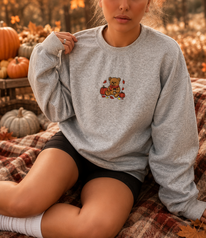 Cozy Fall Bear Embroidered Crewneck Sweater