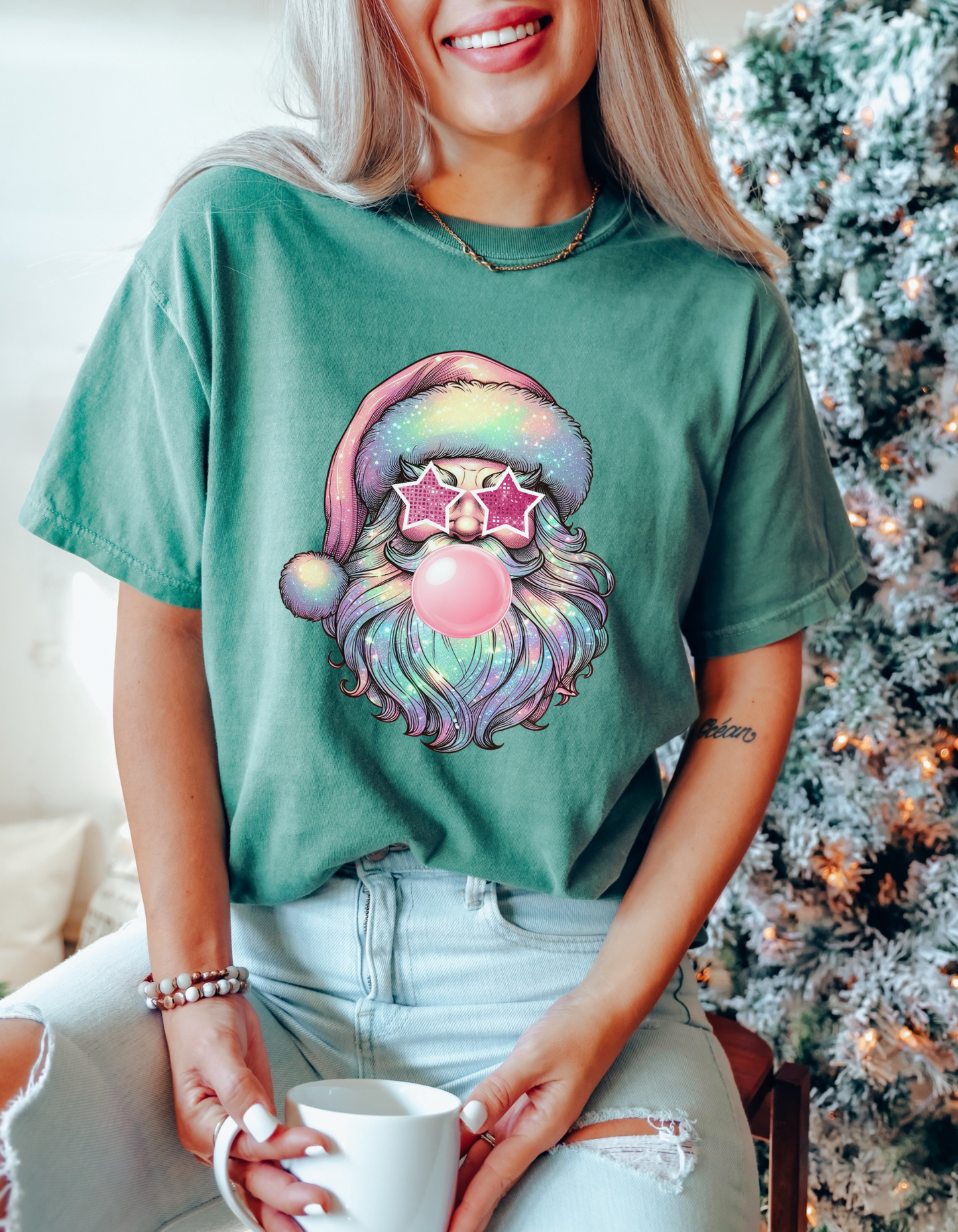 Retro pastel glitter Santa tshirt
