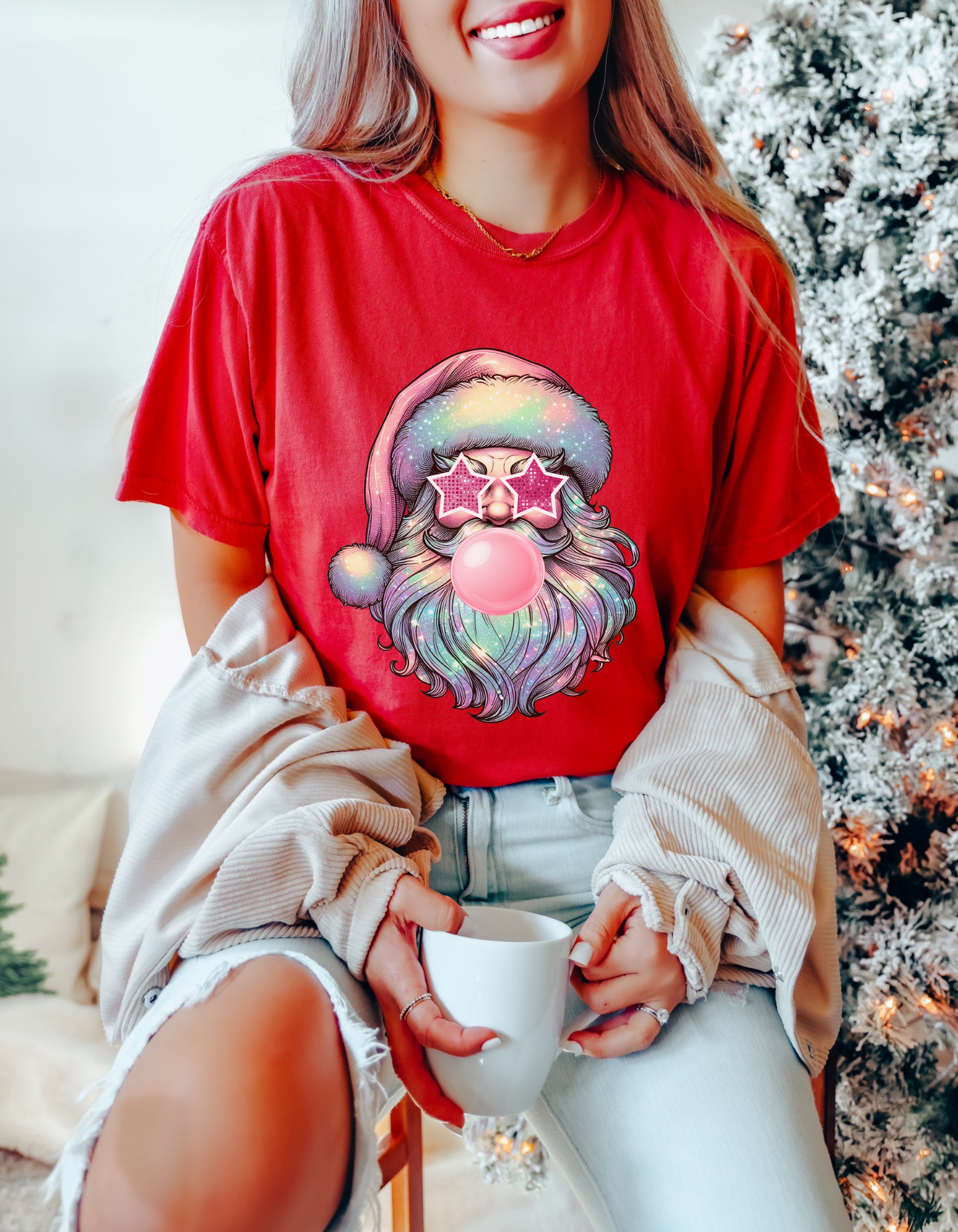 Retro pastel glitter Santa tshirt