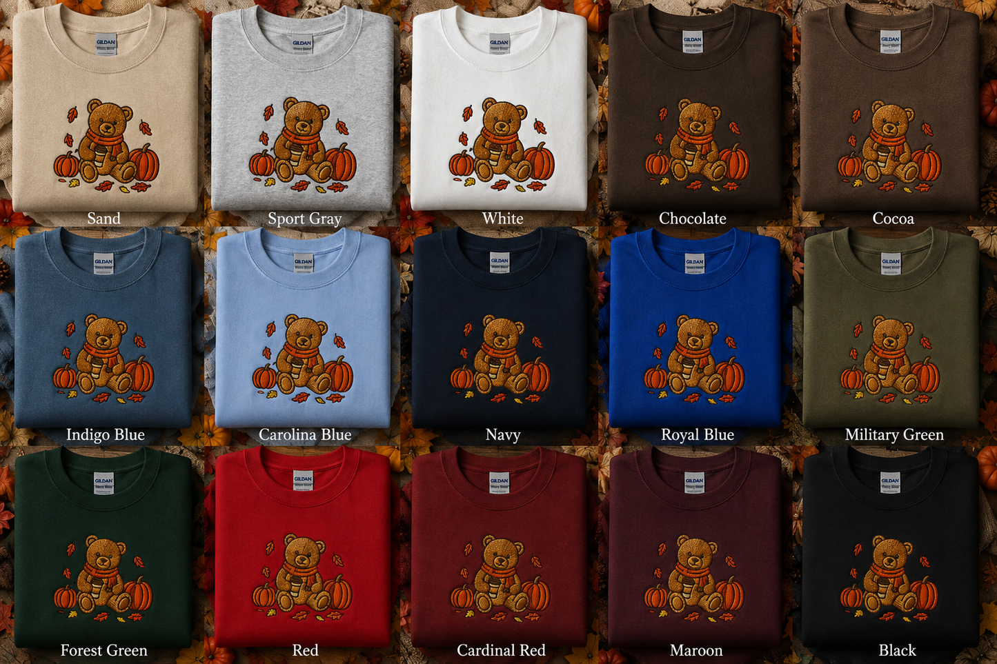 Cozy Fall Bear Embroidered Crewneck Sweater
