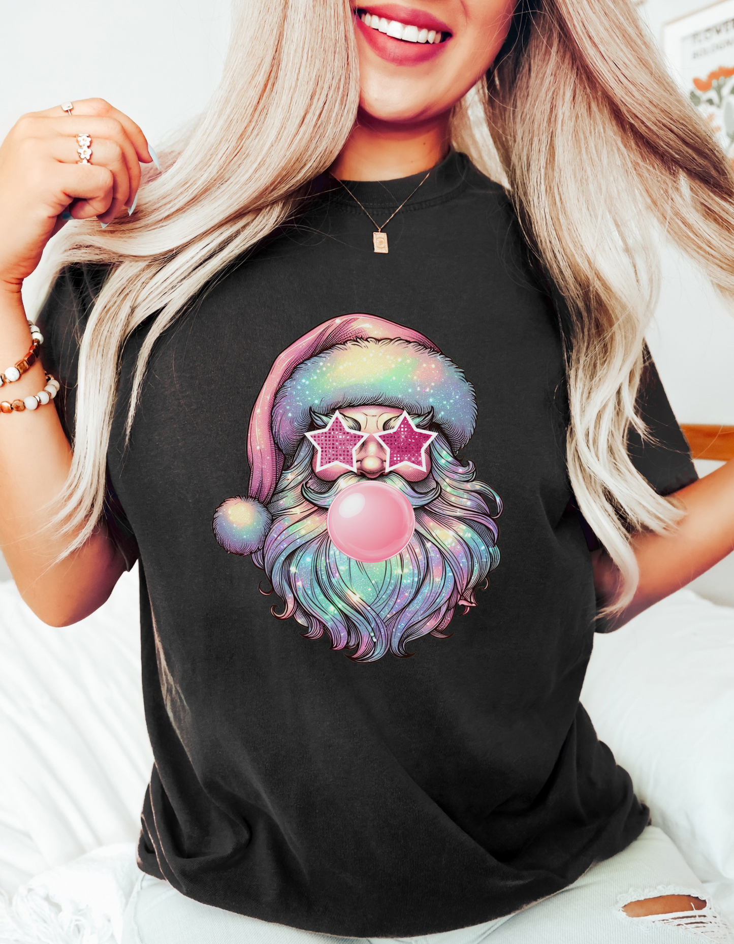 Retro pastel glitter Santa tshirt
