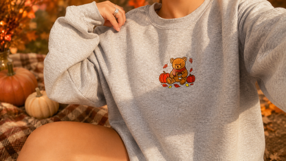 Cozy Fall Bear Embroidered Crewneck Sweater