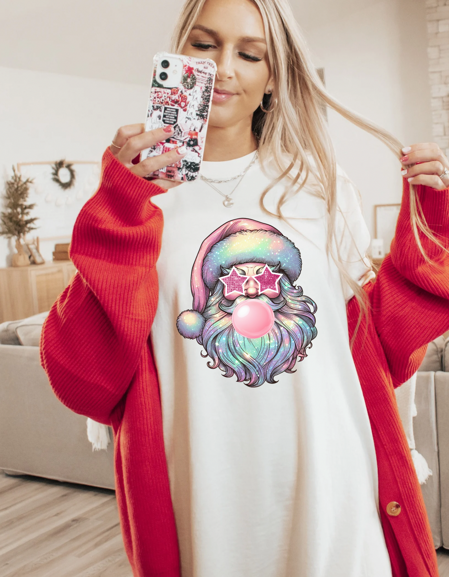Retro pastel glitter Santa tshirt